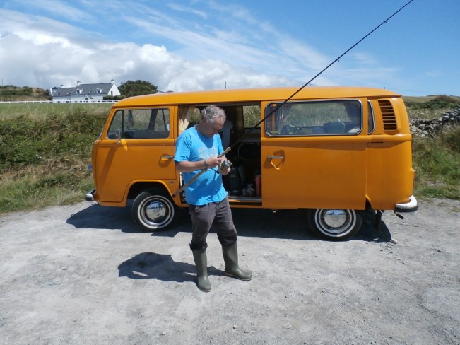 Chris tackling up beside the camper van