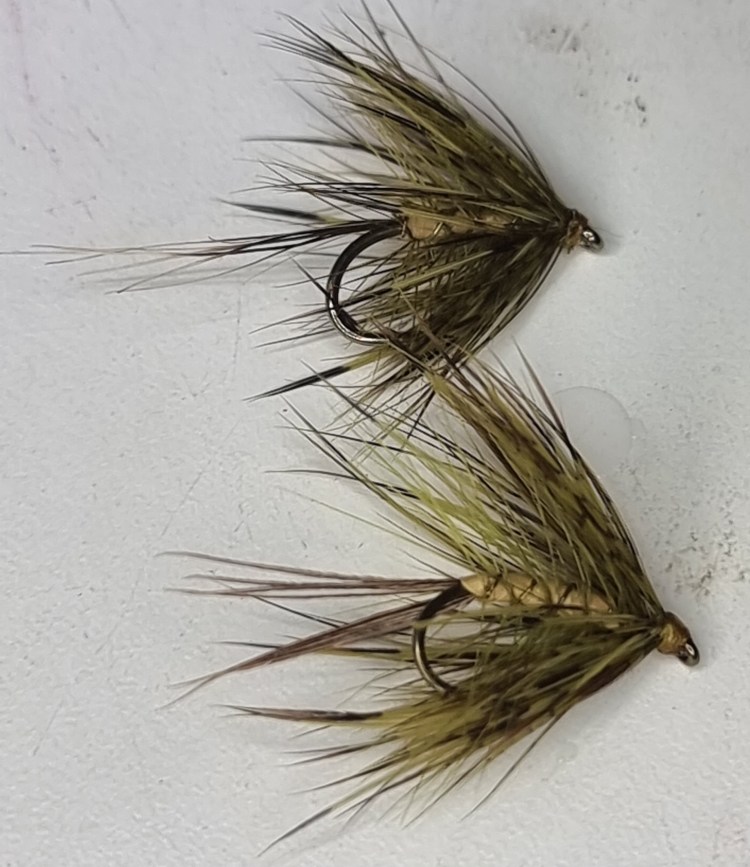 A pair of lough Arrow Mayflies, one with pheasant and one with badger tails